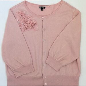 APT. 9 Pink cardigan with rose appliqué and sequin embellishments size XL.